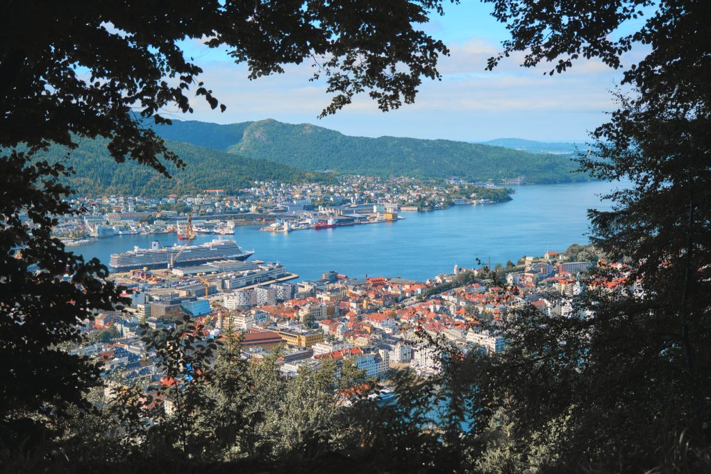 Bergen Harbor Bergen Harbor and waterfront seen through a frame of trees